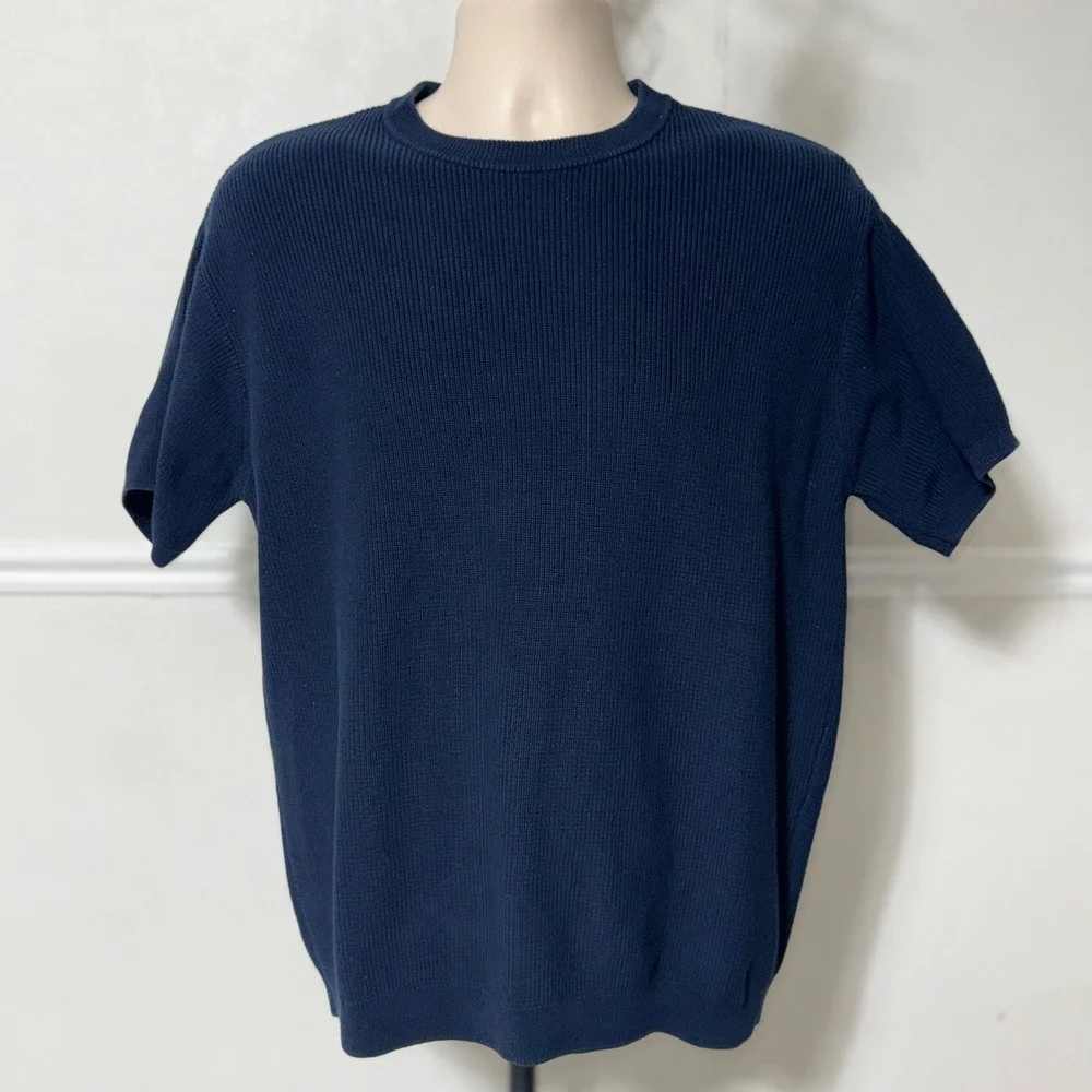 Zara Man Navy Blue Ribbed Short Sleeve Knit Crew‎ Neck Sweater Size Medium
